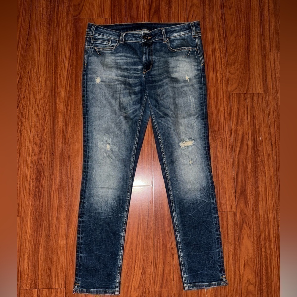 Zara basic denim straight skinny fit women's jeans dark wash lightly distressed - Picture 2 of 11